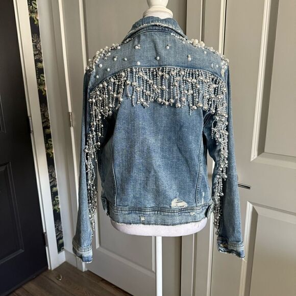 Custom Made Rhinestone and Pearl Bedazzled Disco Fringe Jean Jacket Size L - Picture 4 of 10